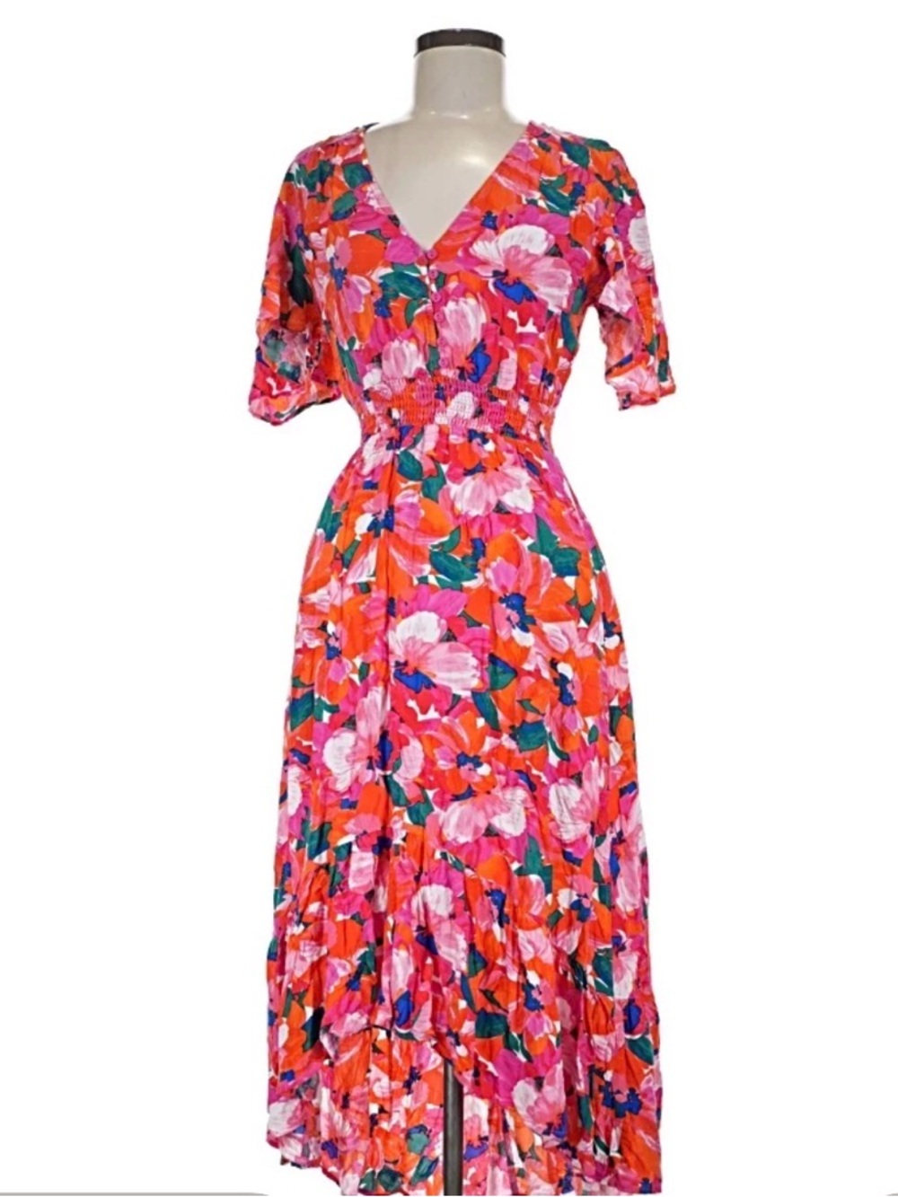 Anthropologie Abel the Label Floral V-Neck Midi Dress in Vibrant Pink and Orange